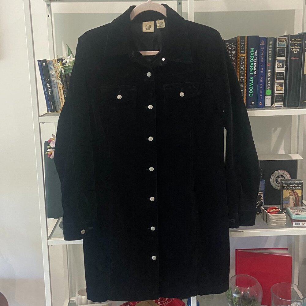 Gap 90s vintage black velour Long Sleeve Shirt Dress/Mini Dress